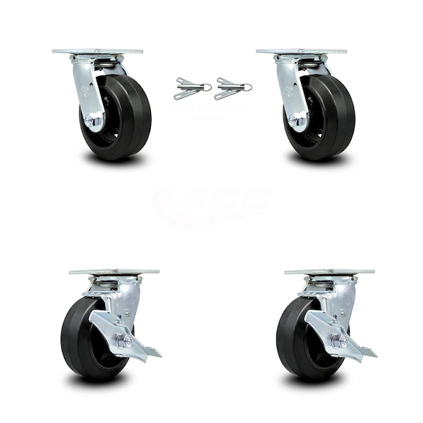 6 Inch Rubber on Steel Caster Set with Ball Bearings 2 Swivel Lock 2 Brake SCC